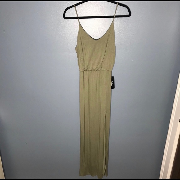 NWT Lulus Watch the Sunset Washed Olive Maxi Dress with spaghetti straps & slit - Picture 8 of 14